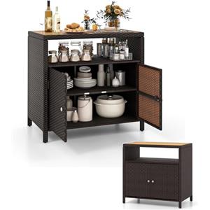 KOMFOTTEU Armadio da Esterno Impermeabile in Rattan, Armadietto Basso con Piano di Lavoro in Legno e Ripiano Aperto, Credenza da Cucina, Balcone, Giardino, Corridoio, 90 x 53 x 86 cm (Marrone)