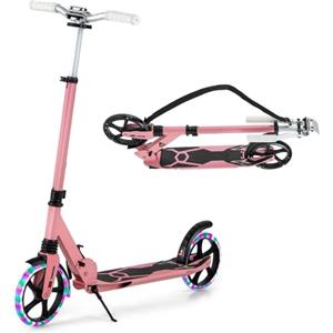 KOMFOTTEU Monopattino da bambino con 2 ruote, LED e freno, skateboard pieghevole, 3 altezze regolabili, scooter in alluminio con cavalletto e cintura, carico 100 kg, bambini da 8 anni (rosa)