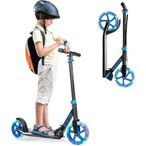 KOMFOTTEU Monopattino Pieghevole per Bambini e Adulti Fino a 110kg, Manopattino a 2 Ruote Luminose con Freno, Scooter per Bambini con Manubrio Regolabile e Cinghia di Trasporto (Blu + Nero)