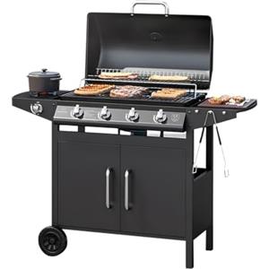 Zendea Barbecue a Gas 4+1 Fuochi Martin - BBQ da Esterno in Acciaio Nero con Griglia Inox, Bruciatore Laterale, Termometro, Cappa e Ruote, Barbecue a Gas Esterno Professionale