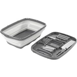 Avilia Kit Tagliere Multifunzione 10 funzioni: 5 inserti per affettatrice/grattugia,Tagliere, Cestino e Colino, in Acciaio Inox e Polipropilene, Ideale anche per Campeggio, 34x23x11cm, Grigio