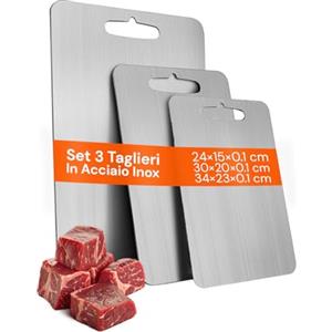 Avilia - Tagliere Acciaio Inox Bifacciale con Manico Forato Set 3 Diverse Dimensioni per Carne Pesce Verdure e Pane Uso Quotidiano Superficie Igienica Antiruggine Salvaspazio