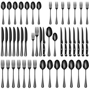 TAN REN Set di posate nero 8 persone, posate acciaio inox nere opache 48 pezzi con coltello da bistecca, set di posate per cucina/ristorante/esterno, lavabile in lavastoviglie