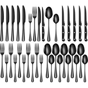 TAN REN set posate nere 6 persone,Set di posate nere acciaio inox da 36 pezzi con coltello da bistecca,posate con coltello,forchetta e cucchiaio,per cucina/ristorante,lavabile in lavastoviglie