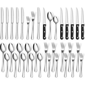 TAN REN per 6 persone Set di posate,set di posate in acciaio inossidabile da 36 pezzi (argento) con coltello da bistecca,posate con coltello,forchetta e cucchiaio,set di per casa/cucina/ristorante