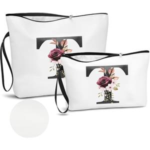 DBPBToU PU Pelle A-Z Beauty Case Donna da Viaggio, 2 Pezzi Set Trousse Trucchi Donna Di Alta Qualità Con Lettere Alfabeto (T)