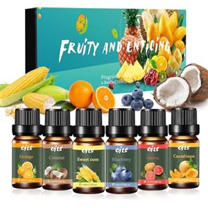 Shyllin Set di Oli Essenziali,6X10ml, Arancia, Cocco, Mais, Mirtillo, Melone, Guava,Set Regalo di Oli Aromaterapici, Adatto per Diffusori, Umidificatori e Candele Fai da Te