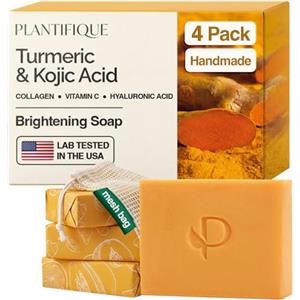 PLANTIFIQUE Sapone Esfoliante Curcuma Scrub Viso e Corpo con Sacchetto in Rete | Saponette Profumate Detergente Solida Donna e Uomo | Turmeric & Kojic Acid Peeling Soap | 4 Pezzi