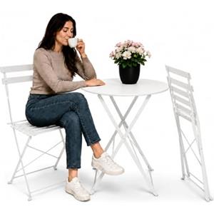 Avilia - Set Tavolo e 2 Sedie da Giardino Pieghevoli - Tavolo Rotondo Ø60 cm, 2 Sedie, Ferro | Tavolo e Sedie da Esterno, Tavolo 150 kg, Sedie 100 kg, Chiudibile, Balcone e Terrazzo (Bianco)