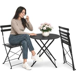 Avilia - Set Tavolo e 2 Sedie da Giardino Pieghevoli - Tavolo Rotondo Ø60 cm, 2 Sedie, Ferro | Tavolo e Sedie da Esterno, Tavolo 150 kg, Sedie 100 kg, Chiudibile, Balcone e Terrazzo (Nero)
