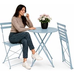 Avilia - Set Tavolo e 2 Sedie da Giardino Pieghevoli - Tavolo Rotondo Ø60 cm, 2 Sedie, Ferro | Tavolo e Sedie da Esterno, Tavolo 150 kg, Sedie 100 kg, Chiudibile, Balcone e Terrazzo (Blu)