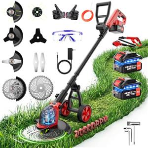 Innopower Decespugliatore a Batteria con Ruota, 4 in 1 Tagliabordi a Batteria 30 cm con Motore Anteriore Brushless, 2 x 3000mAh, 20000 Giri/min, 4 Lame, Asta Regolabile, per Prato, Bordi e Giardino
