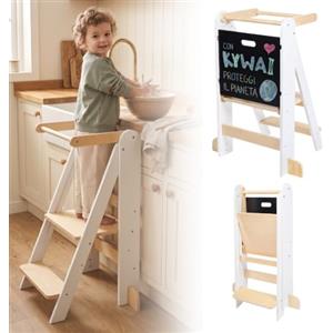 KYWAI Torre Montessoriana Pieghevole Bambini, 2 Altezze, Lavagna Removibile | Si piega in secondi per salvare spazio, 2 altezze regolabili, gambe anti-ribaltamento, design nordico compatto, da 1 anno