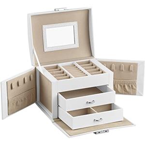 SONGMICS Scatola Portagioie, 3 Livelli, Porta Gioielli con Maniglie, 2 Cassetti, Specchio e Chiusura, Portagioie da Viaggio, Moderno, Idea Regalo, Bianco Classico JBC154W01