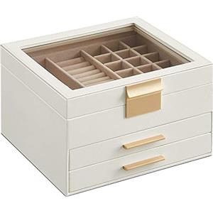 SONGMICS GISELLA Collezione - Scatola Portagioie con Coperchio in Vetro, 3 Livelli, Porta Gioielli con 2 Cassetti, Moderno, Idea Regalo, Bianco Nuvola e Dorato, 20,3 x 23,1 x 13,5 cm JBC239WTV1