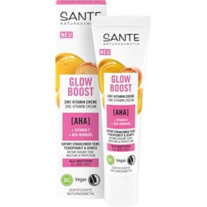 SANTE Naturkosmetik Glow Boost 3 in 1 - Crema nutriente da giorno con AHA, vitamina F e olio di jojoba biologico, idratante rigenerante per pelle luminosa, 30 ml