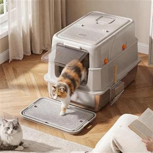 Klyvvo XXL Lettiera Gatto Chiusa in Acciaio Inox - 3-in-1 Lettiera Gatto Chiusa Grande con Coperchio, Modulare, con Filtro a Carbone Attivo, Coperchio Ribaltabile 180°, Pala Metallica & Tappetino