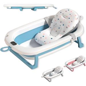 JUPPLIES Vaschetta Bagnetto Neonato Pieghevole con Cuscino Ergonomico e Termometro Digitale - Vasca Bagnetto Neonato Salvaspazio Antiscivolo - Facile da Riporre (75x45x20 cm - Blu)