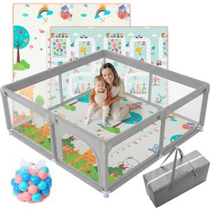 JUPPLIES Box Bambini 120×120 cm - Recinto Gioco per Neonato 6-24 Mesi, Rete Traspirante 360°, Struttura Antiscivolo e Robusta, Facile da Montare (Grigio con tappeto + palline + borsa per il trasporto)
