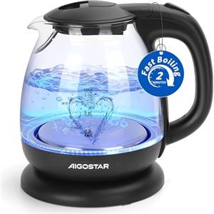 Aigostar Elfin 30IAX - Bollitore elettrico in vetro borosilicato con illuminazione a LED. 2200W, 1L, Bollitura Rapida, Nero. Protezione da bollitura a secco. SENZA BPA.