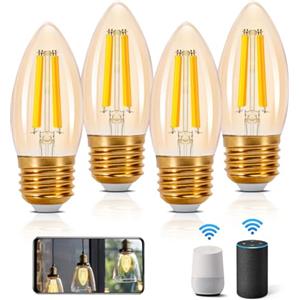 Aigostar Lampadine WiFi Alexa E27 Smart Lampadina Edison C35 4.5W 470lm Lampadine Smart Retrò Dimmerabile 2700K-6500K bianco freddo caldo, Compatibile Con Alexa, Google Home, ámbar 4 pezzi