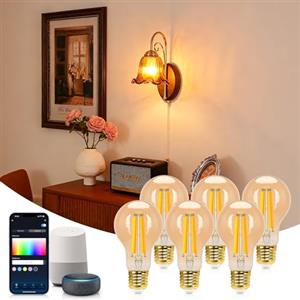 Aigostar Lampadine WiFi Alexa E27 Smart Lampadina Edison LED A60 6W 806lm Lampadine Smart Retrò Dimmerabile 2700K-6500K bianco freddo caldo, Compatibile Con Alexa, Google Home, ambra 6 pezzi