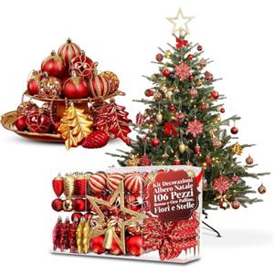 Avilia - Kit Decorazioni Albero di Natale 106 Pezzi in Rosso e Oro con Palline, Fiori e Stelle Infrangibili per Addobbi Natalizi Coordinati, Facili da Appendere e Riutilizzare