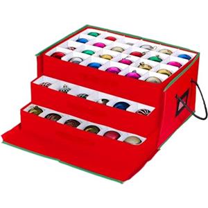 Wintem - Scatola Porta Addobbi di Natale con 3 Cassetti Estraibili per 72 Palline di Natale, Struttura Rigida in TNT 51x35x24 cm, Zip Robusta e Etichetta Trasparente per Conservazione Ordinata