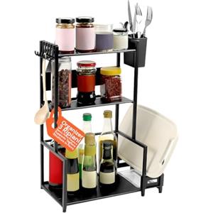Avilia Scaffale 3 Ripiani Ferro con Ganci Porta Posate Porta Tagliere - Organizer Cucina Utensili Spezie Bottiglie Salvaspazio - Piano Cottura Dispensa