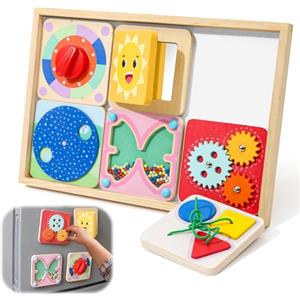 Wdmiya Giocattoli Montessori in Legno per Bambini 1 2 3 Anni, Busy Board con 6 Lavagne Magnetiche, Pannello Sensoriale Bambini, Giochi Educativi Adatti ai Viaggi, Regali di Natale