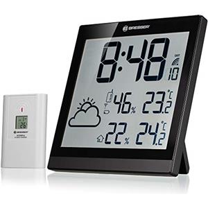 Bresser - Orologio da parete con stazione meteorologica e radio con sensore per esterni TemeoTrend JC, con orologio con DCF e ampio schermo per la temperatura e l'umidità, base di supporto, nero