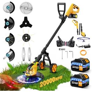 reffmov Decespugliatore a Batteria, 30CM Tagliaerba a Batteria con 2 Batterie da 3.0AH,Tagliaerba Elettrico con Ruota,Motore Senza Spazzole 800W,4 Tipi di Lamelle per Taglio Di Giardini, Prati,Arbusti