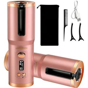 AN HUI MING Ferro arricciacapelli senza fili, rotante, a lunga durata, piccolo, 20 mm, per capelli corti/lunghi, con batteria grande da 5200 mAh, ricarica di tipo C, 6 temperature (150-200 °C) (rosa)