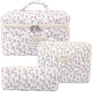 Aucuu Beauty Case, 3 Pezzi Floreale Grande Capacità per Il Trucco, Borsa da Toilette Trapuntata, Beauty Case da Viaggio Cotone Morbido, Beauty Trapuntato Grandei da Toilette Makeup Bag Organizer