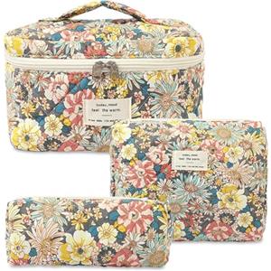 Aucuu Beauty Case, 3 Pezzi Floreale Grande Capacità per Il Trucco, Borsa da Toilette Trapuntata, Beauty Case da Viaggio Cotone Morbido, Beauty Trapuntato Grandei da Toilette Makeup Bag Organizer