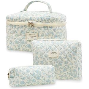 Aucuu Beauty Case, 3 Pezzi Floreale Grande Capacità per Il Trucco, Borsa da Toilette Trapuntata, Beauty Case da Viaggio Cotone Morbido, Beauty Trapuntato Grandei da Toilette Makeup Bag Organizer