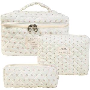 Aucuu Beauty Case, 3 Pezzi Floreale Grande Capacità per Il Trucco, Borsa da Toilette Trapuntata, Beauty Case da Viaggio Cotone Morbido, Beauty Trapuntato Grandei da Toilette Makeup Bag Organizer