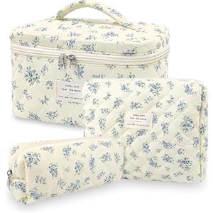 Aucuu Beauty Case, 3 Pezzi Floreale Grande Capacità per Il Trucco, Borsa da Toilette Trapuntata, Beauty Case da Viaggio Cotone Morbido, Beauty Trapuntato Grandei da Toilette Makeup Bag Organizer