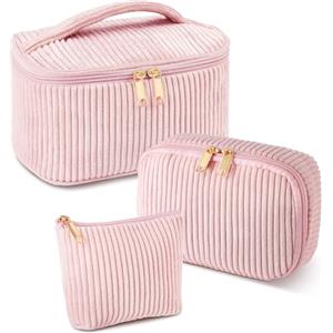 Aucuu Beauty Case, 3 Pezzi Grande Capacità per Il Trucco, Borsa da Toilette in velluto a coste, Beauty Case da Viaggio, Impostato da Toilette Makeup Bag Organizer