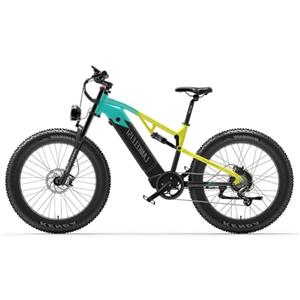 LANKELEISI RV800 Plus Motore ad alte prestazioni da 250 W, Fat Bike da 26 pollici, E-Mountain Bike full suspension da 250 Wh, Batteria E-MTB 48 V 20 Ah(Verde e giallo)