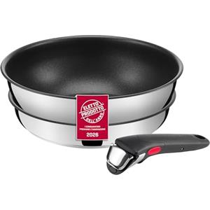 Lagostina Ingenio Inox, Set 3 Pezzi, Padella da 24 cm e Wok da 26 cm in Acciaio Inox, Rivestimento Antiaderente, Manico Rimovibile, Salvaspazio, Adatto a Tutte le Fonti di Calore, Inclusa Induzione