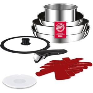 Lagostina Ingenio Inox Set di Pentole e Padelle in Acciaio Inox, Rivestimento antiaderente, 7 Pezzi, Adatto ad Induzione, 1 Casseruola, 2 Padelle, 1 Wok, 1 Coperchio in vetro, 1 Coperchio in Plastica