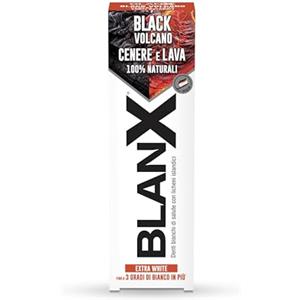 BlanX, Dentifricio Black Volcano, Dentifricio Sbiancante Extra White, Fino a 3 Gradi di Bianco in Più, Con Licheni Islandici, Cenere e Lava Vulcanica 100% Naturali, Aroma Extra Fresco, 75ml