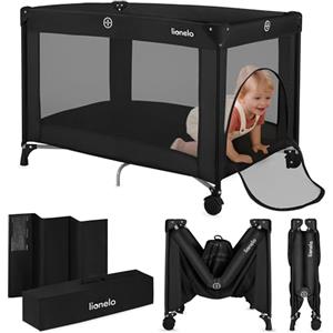 LIONELO Lettino da Viaggio AMELIE 2in1per bambini dalla Nascita a 15 kg, Lettino Pieghevole e box bambini 100 x70 x 69 cm con Ingresso laterale, Materasso, Compacto, 2 Ruote, Borsa da viago