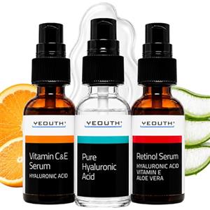 YEOUTH Siero Viso Acido Ialuronico, Siero Viso Vitamina C e Retinolo, Skin Care Set Regalo Agisce Sull'aspetto del Tono Uniforme Della Pelle e Sulla Secchezza 3x30ml