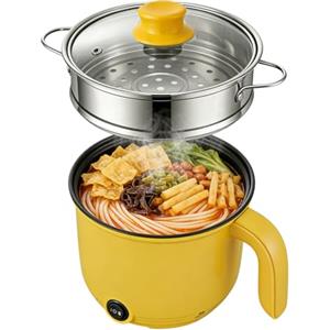 PORFOYO Hot Pot elettrico, 1,3l Pentola elettrica, 600w 220v Hot Pot per Ramen con vaporiera in acciaio inossidabile, antiaderente elettrico per zuppa/Ramen/Pasta/Farina d'avena/Uovo, Giallo