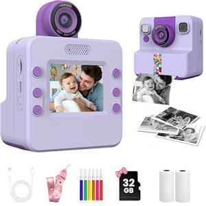YOBWOK Macchina Fotografica Bambini Istantanea,2.4 Pollici 48MP Fotocamera Digitale con 32GB Scheda & Papier Photo,Regalo di Natale per Bambini dai 3-12 Anni