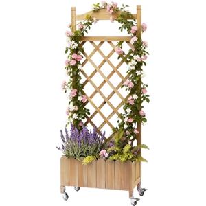 COMHOMA Fioriera in legno con grigliato e ruote, rialzata, resistente alle intemperie con fori di drenaggio, per giardino, balcone e terrazza, 49 x 28 x 116 cm - Marrone chiaro
