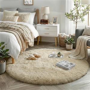 Amdrebio Tappeto rotondo beige per camera da letto, 4x4 Feet, Shabby chic, Unisex, Beige, Tinta unita, Soffice, Lavabile