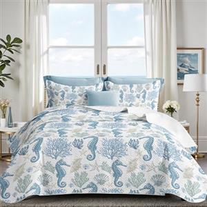 weesire Trapunta per letto king size con 2 federe, set copripiumino da spiaggia nautica, copriletto oceano, copriletto blu cavalluccio marino, biancheria da letto estiva, 243,8 x 269,2 cm